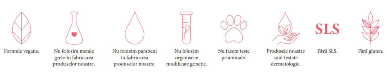 Produse testate dermatologic, formule vegane, fără metale grele în fabricarea produselor farmasi, fără parabeni, fără organisme modifcate genetic, fără teste pe animale, fără SLS, fără gluten